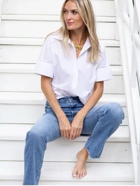 Julia Amory Antibes Shirt Blanc White Button Down Short-Sleeve size XL pristine